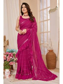 URBAN PALLU - Magenta Embroidered Mirror Work Pure Chiffon Saree