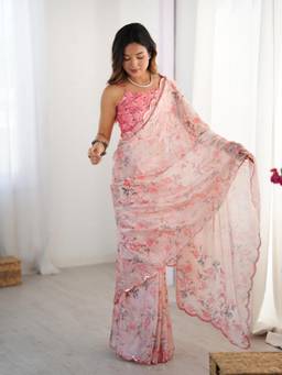 URBAN PALLU - Peach Floral Mirror Work Silk Blend Saree