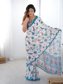 URBAN PALLU - White Floral Mirror Work Silk Blend Saree
