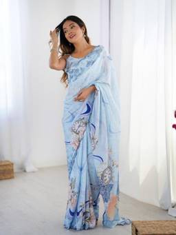 URBAN PALLU - Blue Floral Mirror Work Silk Blend Saree