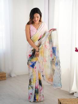 URBAN PALLU - Multi-Color Floral Mirror Work Silk Blend Saree