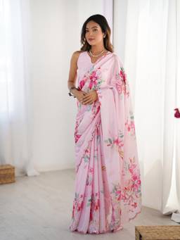 URBAN PALLU - Pink Floral Mirror Work Silk Blend Saree