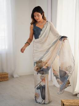 URBAN PALLU - Off White Floral Mirror Work Silk Blend Saree