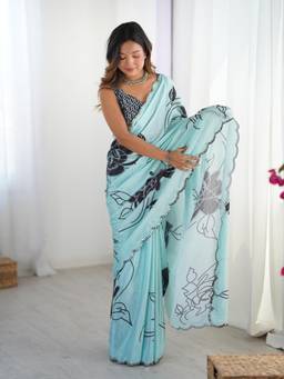 URBAN PALLU - Blue Floral Mirror Work Silk Blend Saree