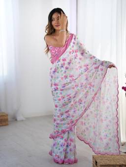 URBAN PALLU - White-Pink Floral Mirror Work Silk Blend Saree
