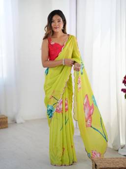 URBAN PALLU - Green Floral Mirror Work Silk Blend Saree