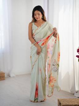 URBAN PALLU - Off White Floral Mirror Work Silk Blend Saree