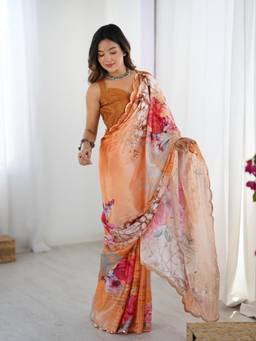 URBAN PALLU - Orange Floral Mirror Work Silk Blend Saree