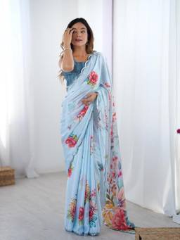 URBAN PALLU - Blue Floral Mirror Work Silk Blend Saree