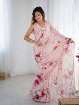 URBAN PALLU - Pink Floral Mirror Work Silk Blend Saree