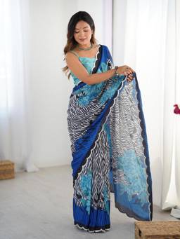 URBAN PALLU - Multi-Color Animal Printed Mirror Work Silk Blend Saree