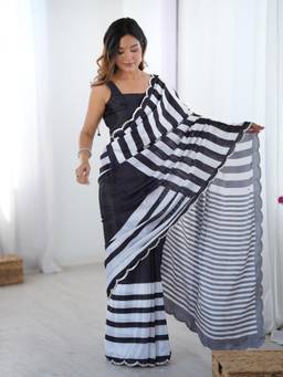 URBAN PALLU - Black-White Stripes Mirror Work Silk Blend Saree