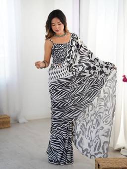 URBAN PALLU - Black Animal Printed Mirror Work Silk Blend Saree