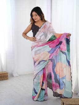 URBAN PALLU - Multi-Color Printed Mirror Work Silk Blend Saree