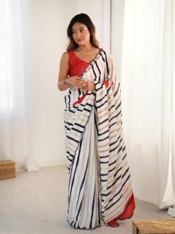 URBAN PALLU - Off White Stripes Mirror Work Silk Blend Saree