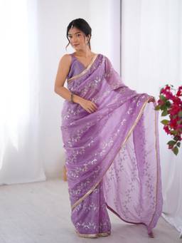 URBAN PALLU - Lavender Embellished Lace Work Organza Saree