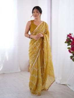 URBAN PALLU - Mustard Embellished Lace Work Organza Saree