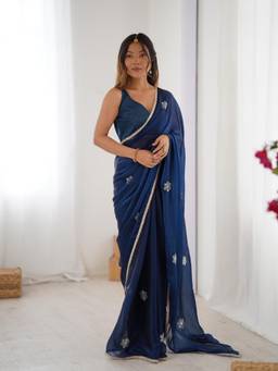 URBAN PALLU - Navy Blue Floral Sequined Saree
