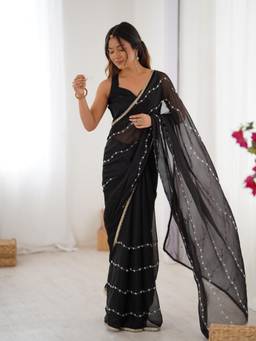 URBAN PALLU - Black Floral Embroidered Chiffon Saree