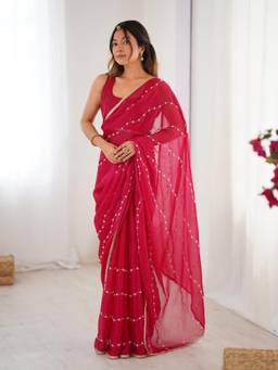 URBAN PALLU - Rani Pink Floral Embroidered Chiffon Saree