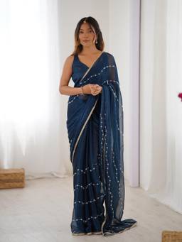 URBAN PALLU - Navy Blue Floral Embroidered Chiffon Saree