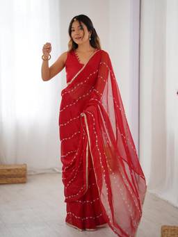 URBAN PALLU - Red Floral Embroidered Chiffon Saree