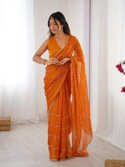URBAN PALLU - Mustard Floral Embroidered Chiffon Saree