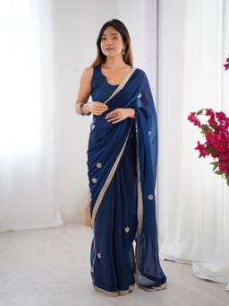 URBAN PALLU - Navy Blue Embroidered Lace Border Poly Chiffon Saree