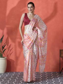 URBAN PALLU - White-Pink Polka Dot Printed Silk Blend Ready To Wear Saree
