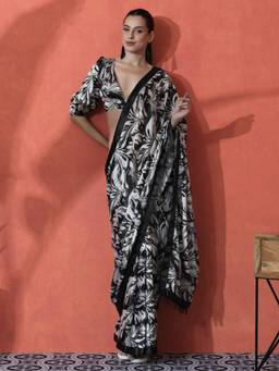 URBAN PALLU - Black-White Printed Silk Blend Ready To Wear Saree