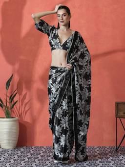 URBAN PALLU - Black Floral Printed Silk Blend Ready To Wear Saree