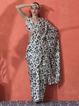 URBAN PALLU - White-Black Floral Printed Silk Blend Ready To Wear Saree