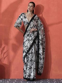 URBAN PALLU - White-Black Floral Printed Silk Blend Ready To Wear Saree