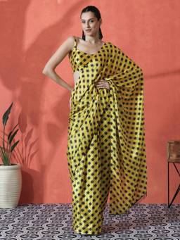 URBAN PALLU - Yellow Checks Printed Silk Blend Ready To Wear Saree