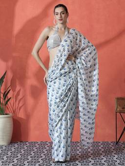 URBAN PALLU - White-Blue Floral Printed Silk Blend Ready To Wear Saree