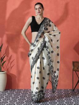 URBAN PALLU - Off White Floral Printed Silk Blend Ready To Wear Saree