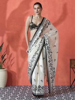 URBAN PALLU - Off White Floral Printed Silk Blend Ready To Wear Saree