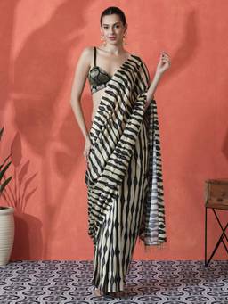 URBAN PALLU - Off White Stripes Printed Silk Blend Ready To Wear Saree
