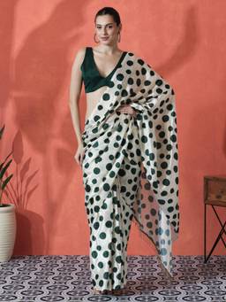 URBAN PALLU - Off White-Green Polka Dot Printed Ready To Wear Saree