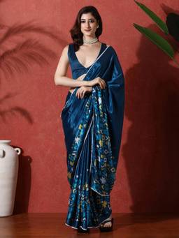 URBAN PALLU - Blue Printed Lace Border Ready To Wear Saree