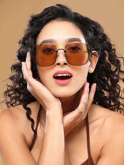 Haute Sauce - Women Square Brown Lens Half Rim Sunglasses