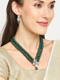 OOMPH - Jewellery Green Beads & Kundan Mala Necklace Set