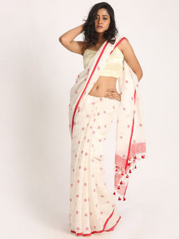 Angoshobha - White Traditional Handloom Linen Jamdani Saree with Unstitched Blouse