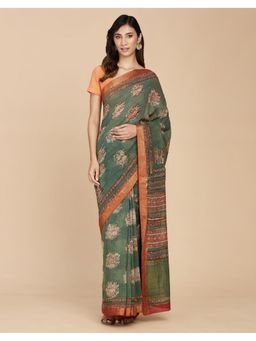 Fabindia - Green Cotton Hand Block Printed Saree without Blouse