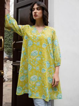 Janasya - Women's Lime Yellow Georgette Floral Regular Tunic
