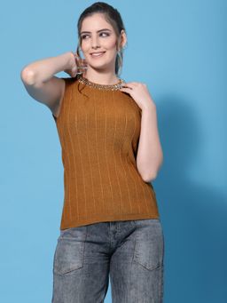 Mafadeny - Women Mustard Cable Knit Sweater Vest with Embellished Detail