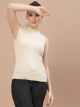 Mafadeny - Women Cream Cable Knit Sweater Vest with Embellished Detail