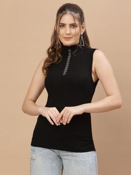 Mafadeny - Women Black Cable Knit Sweater Vest with Embellished Detail