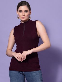 Mafadeny - Women Wine Cable Knit Sweater Vest with Embellished Detail