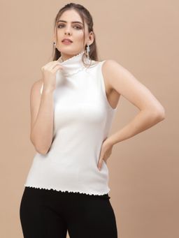 Mafadeny - Women Winter Wear White Ribbed Stylished & Cosy Sweater